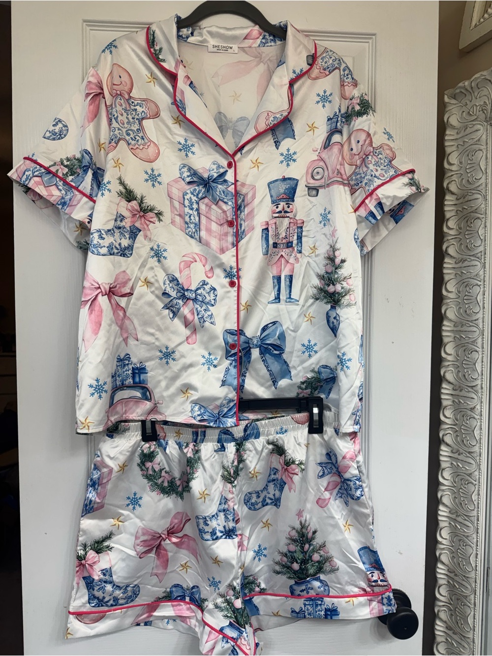 White Satin Holiday Print Short Pajama Set